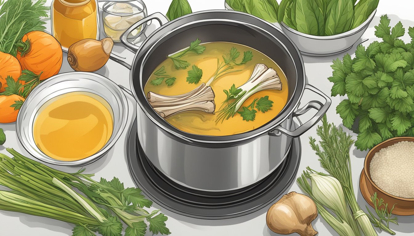 A simmering pot of bone broth on a stovetop, surrounded by fresh vegetables and herbs ready to be added for flavor