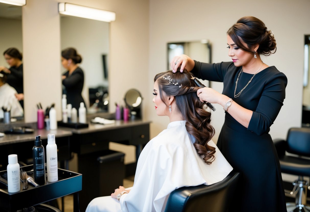 A bride sits in a salon chair, surrounded by hairstyling tools and products. A stylist carefully works on her hair, creating an elegant bridal hairstyle