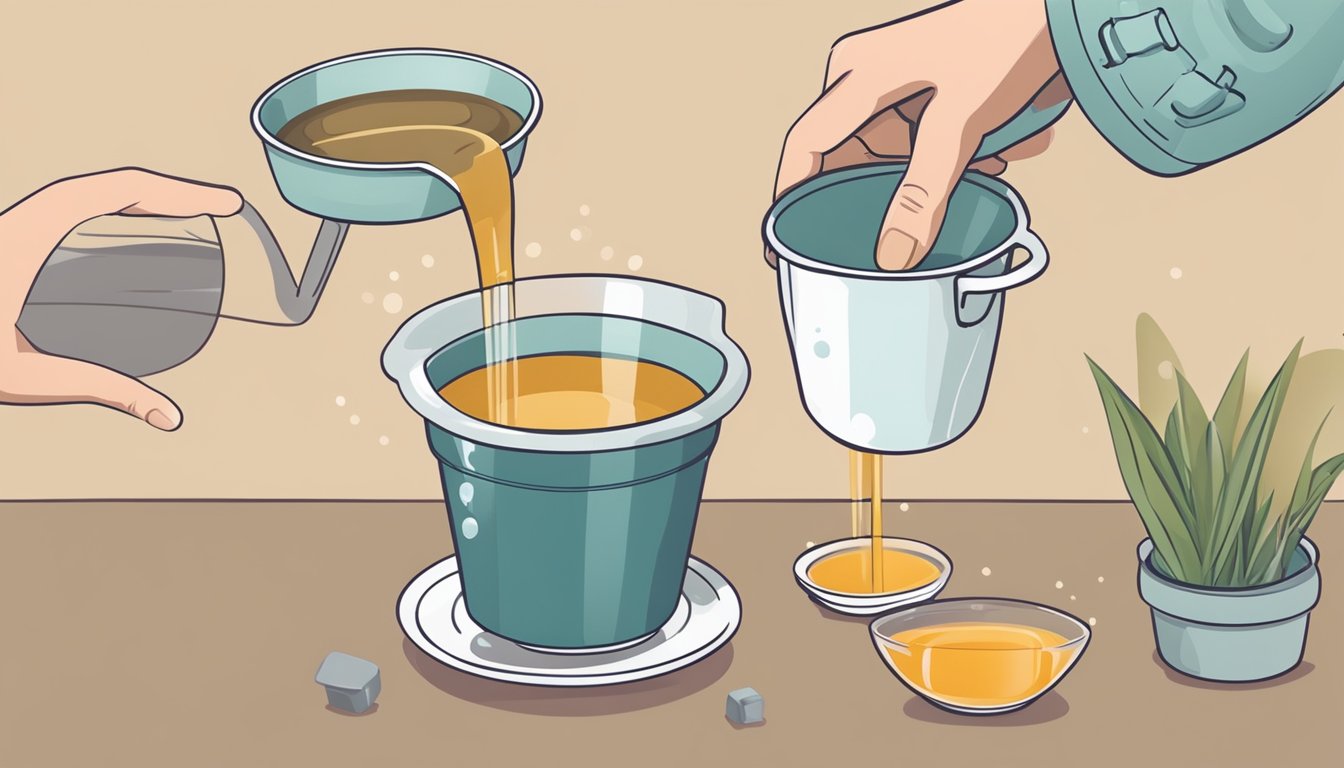 A person pouring store-bought bone broth into a pot, next to a container of stock cubes and a measuring cup of water