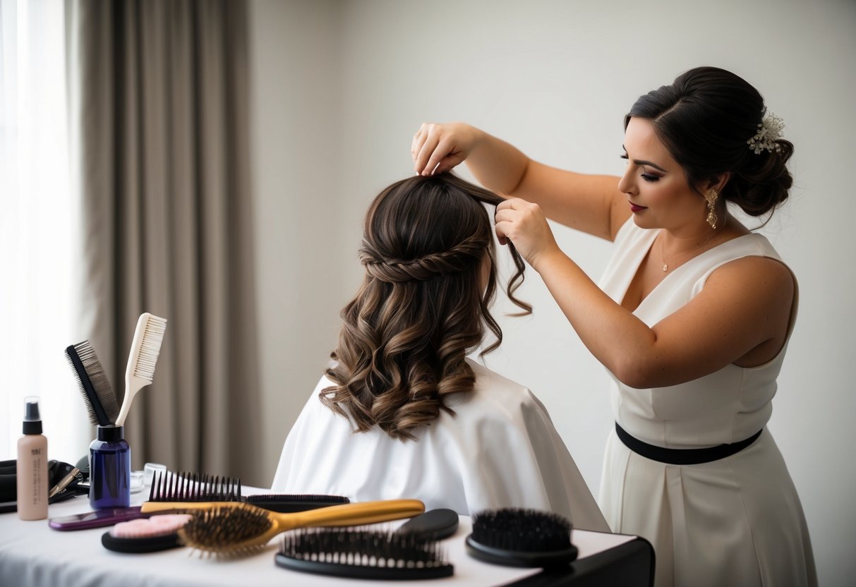 A hairstylist carefully arranges the bride's hair, surrounded by brushes, combs, and hair products on a table