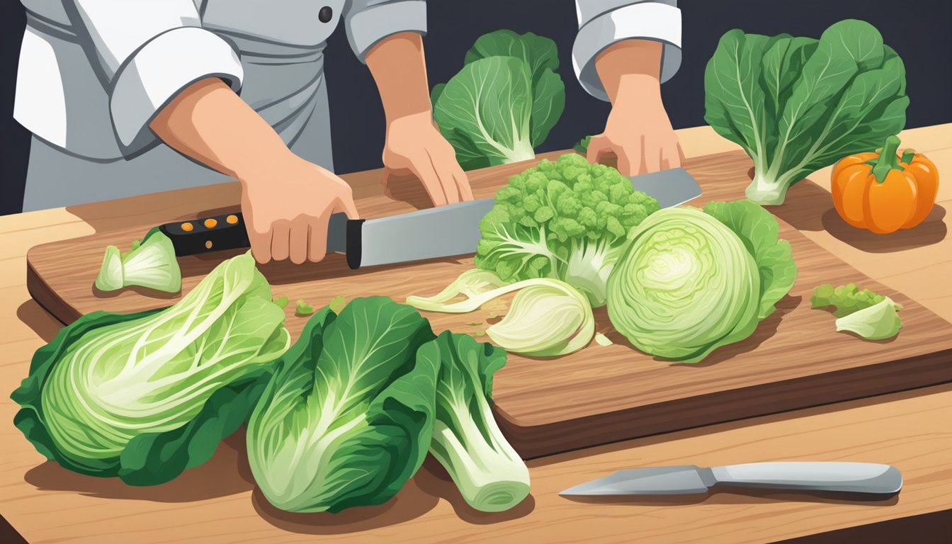 A chef chopping bok choy and napa cabbage on a cutting board, with a bowl of mixed vegetables in the background