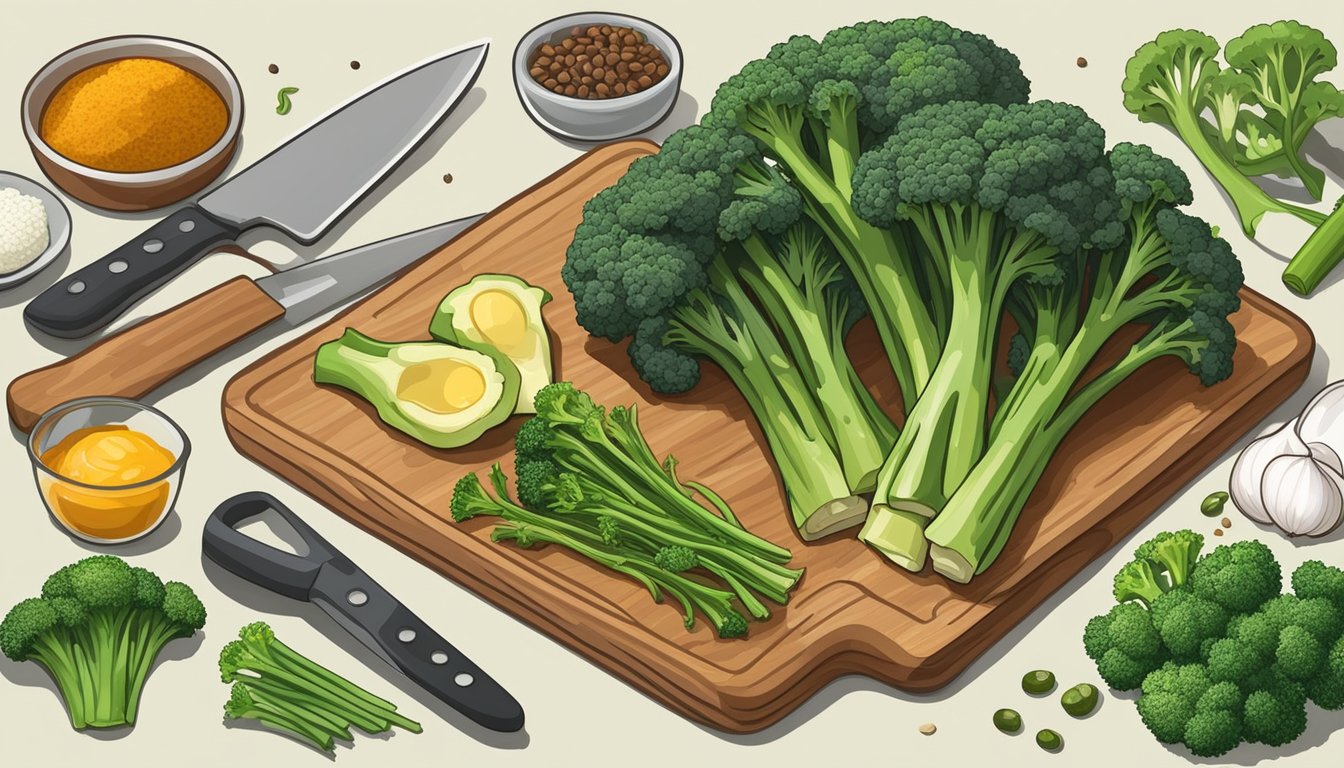 A cutting board with broccolini, broccoli, and various other vegetable substitutes arranged neatly, alongside a knife and a bowl of mixed herbs and spices