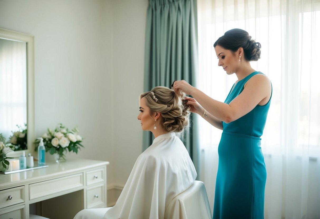The bride sits calmly as a hairstylist works on her hair, surrounded by a serene and organized bridal suite with natural light streaming in