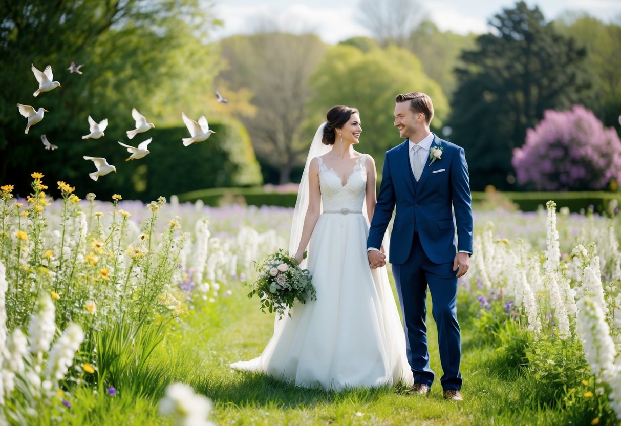 A bride and groom stand in a field surrounded by blooming flowers, as birds sing and a gentle breeze carries the sound of music from a nearby garden