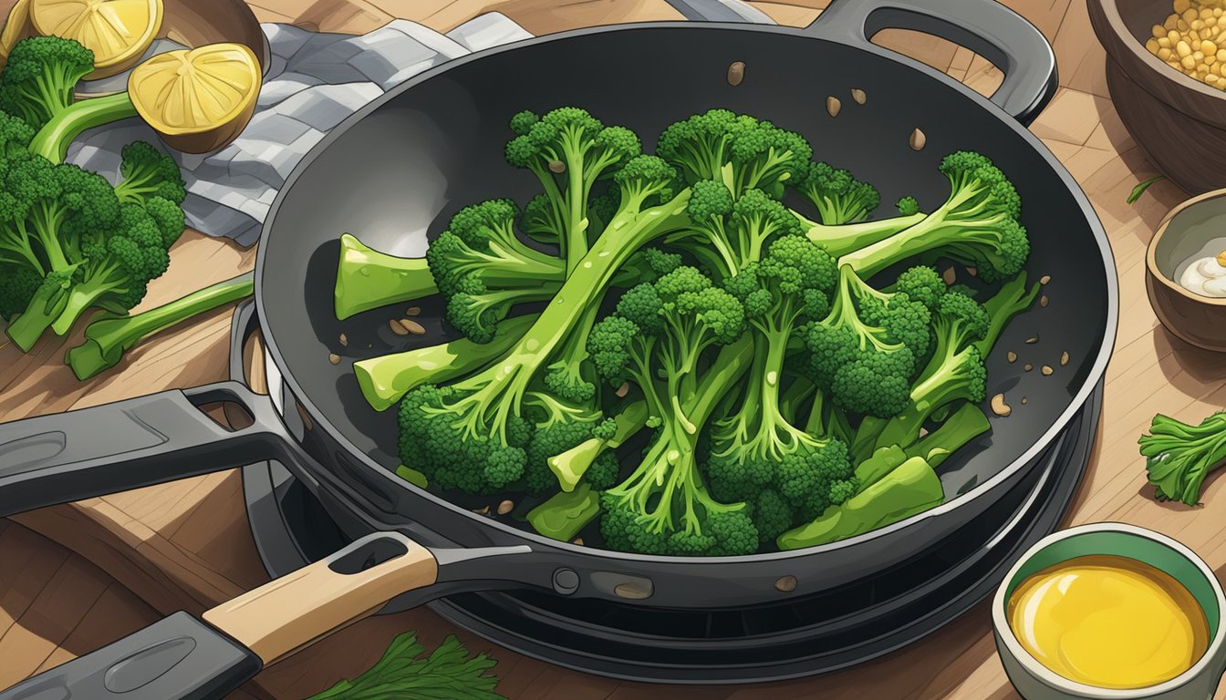 A plate of broccolini being used as a substitute for broccoli in a stir-fry dish, with the vibrant green vegetables being sautéed in a pan