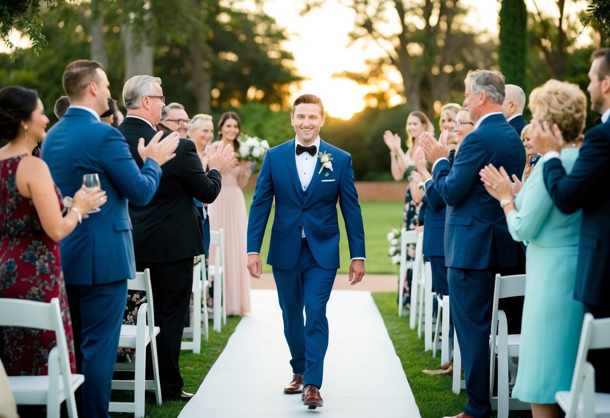 The groom walks out to music, with guests clapping and cheering