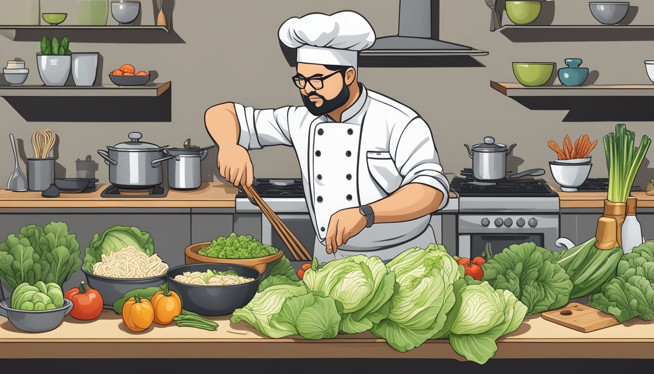 A chef swapping out bok choy for napa cabbage in a stir-fry, surrounded by various vegetables and cooking utensils