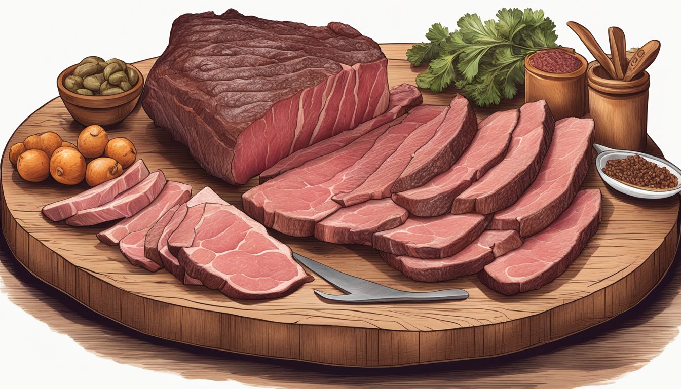 A butcher's table with various beef cuts labeled, a hand reaching for brisket and chuck roast