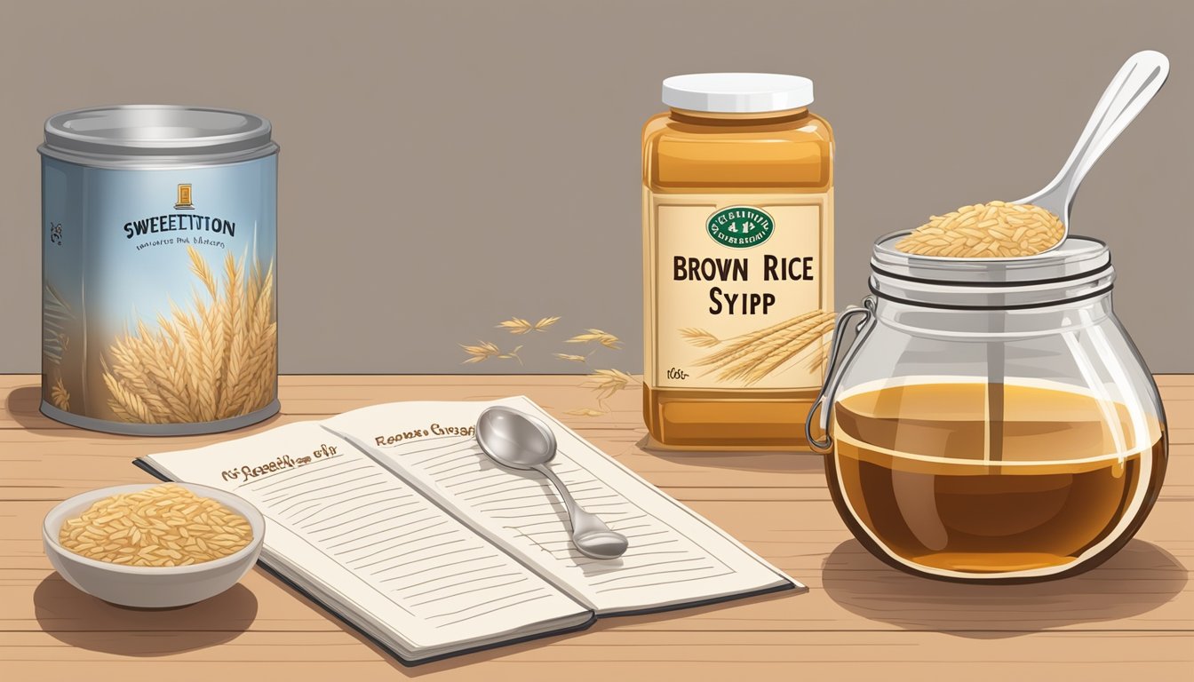 A jar of brown rice syrup next to a jar of barley malt syrup, with measuring spoons and a recipe book open to a page on sweetener substitutions