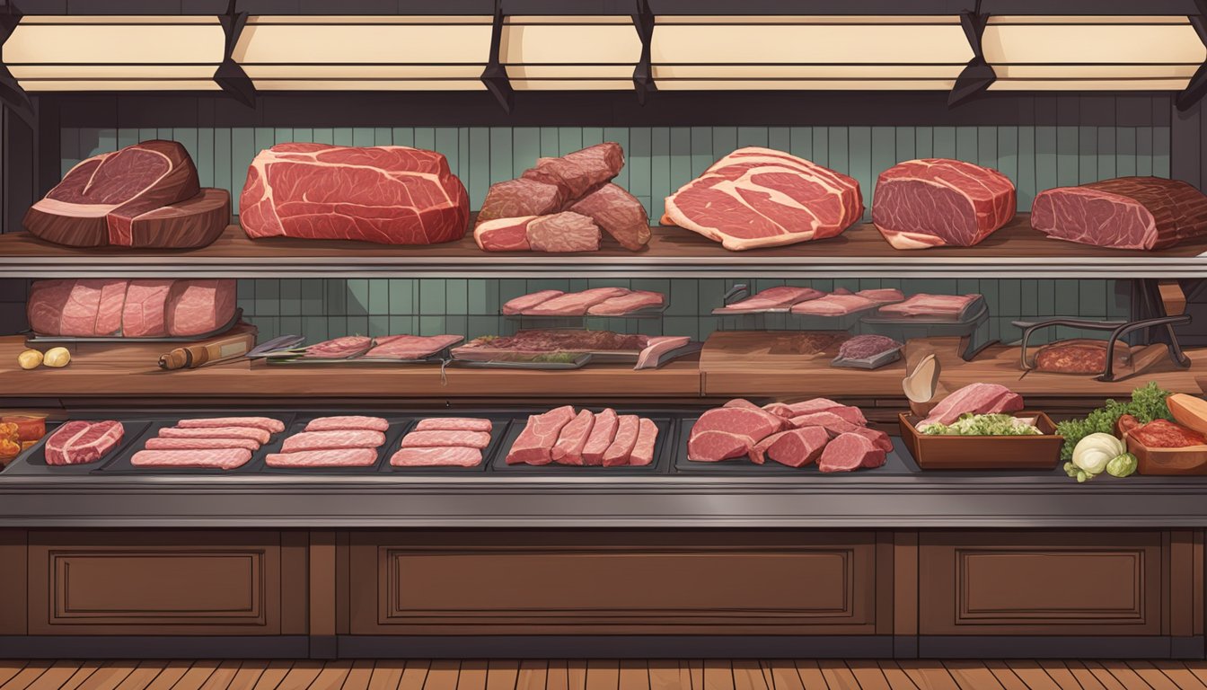 A butcher counter with various cuts of meat displayed, including brisket and chuck roast