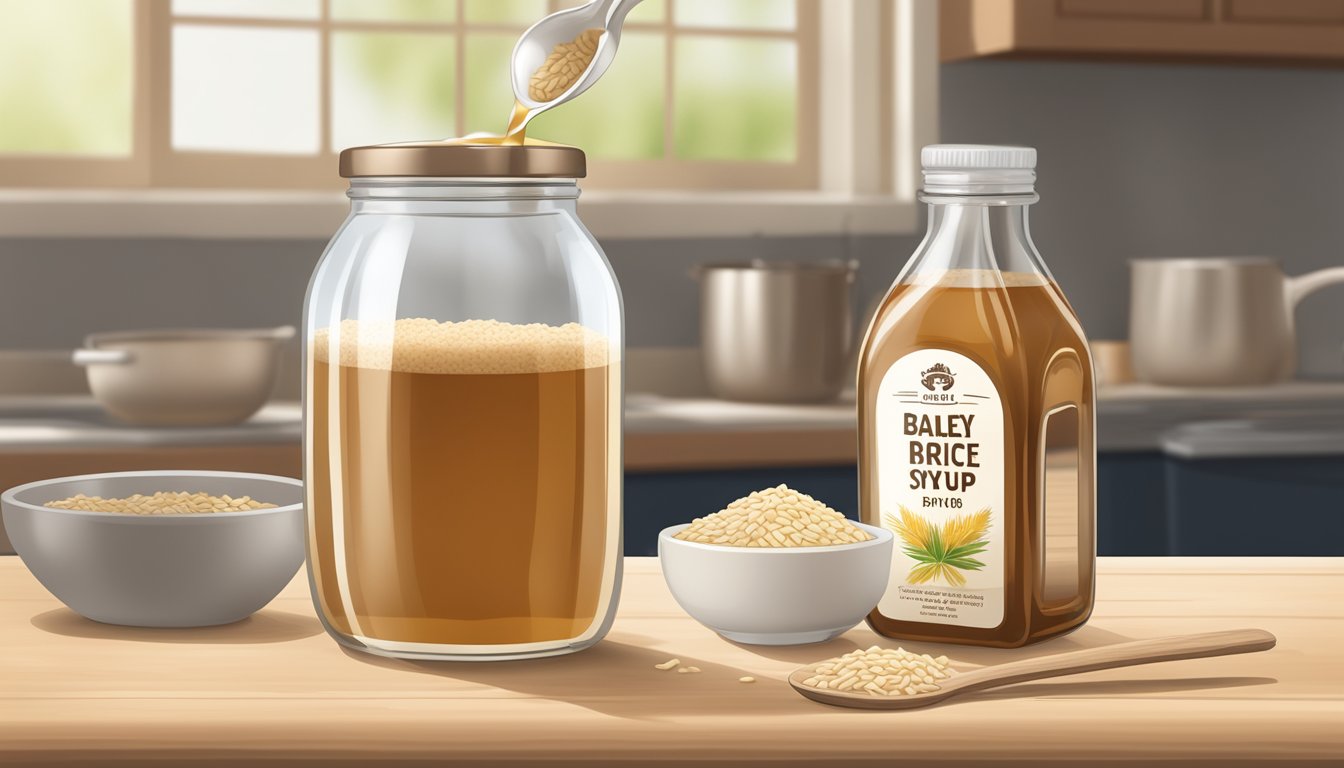 A jar of barley malt syrup next to a bottle of brown rice syrup, with a measuring spoon pouring brown rice syrup into a recipe