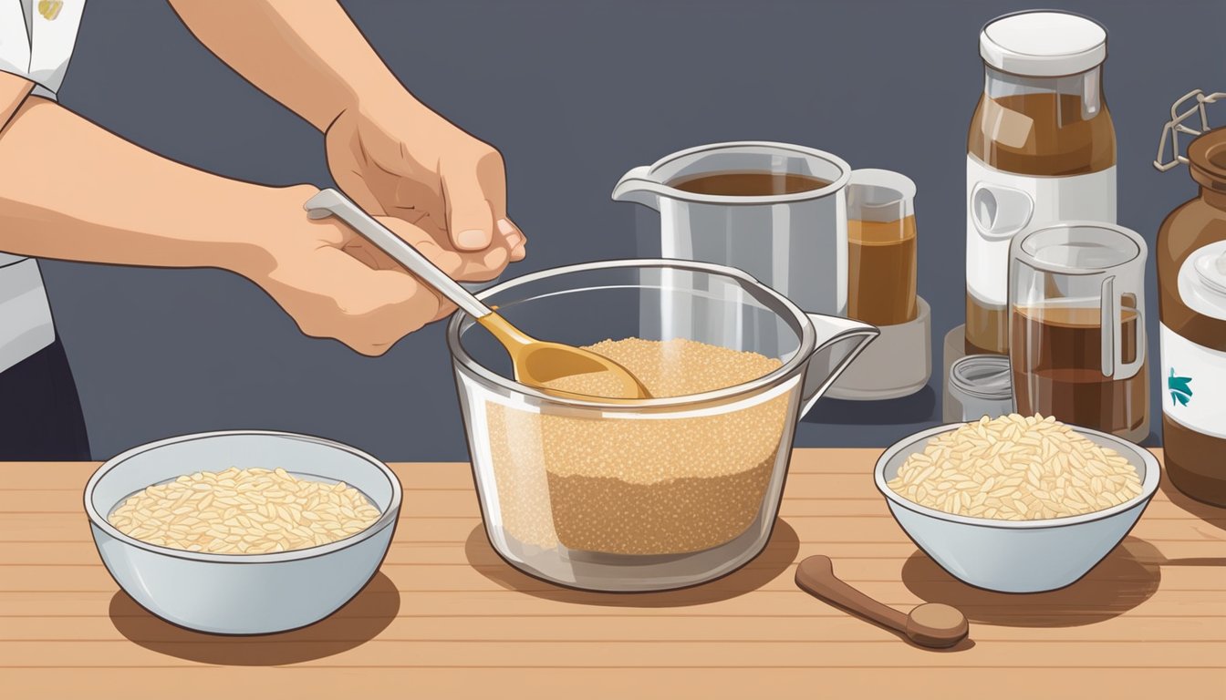 A chef pours brown rice syrup into a measuring cup while reading a recipe for barley malt syrup substitution. Ingredients and measuring spoons are scattered on the counter