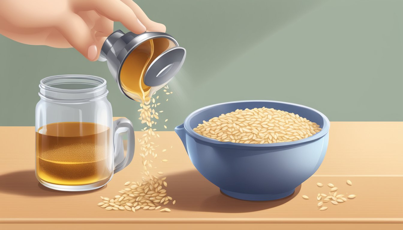 A jar of brown rice syrup being poured into a measuring cup, with a bowl of barley malt syrup nearby