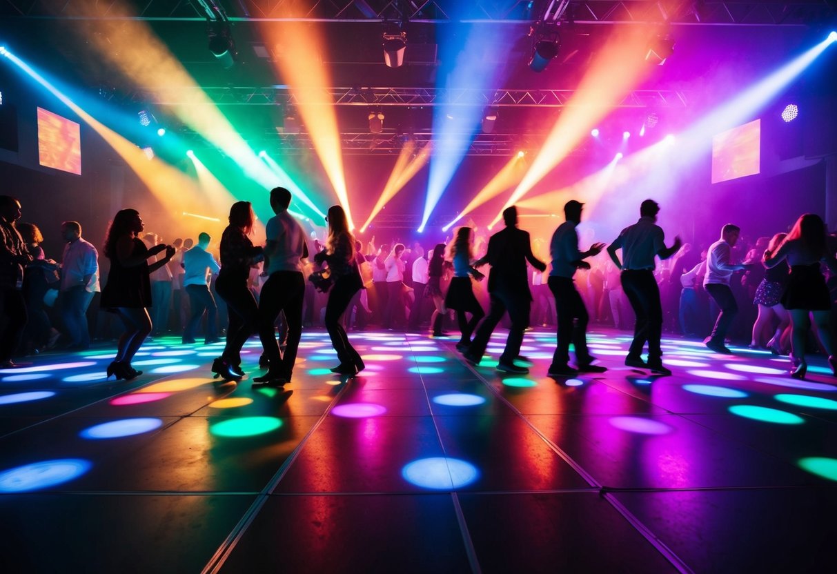 Colorful disco lights flash on a crowded dance floor as music blasts through the speakers, enticing people to move and groove