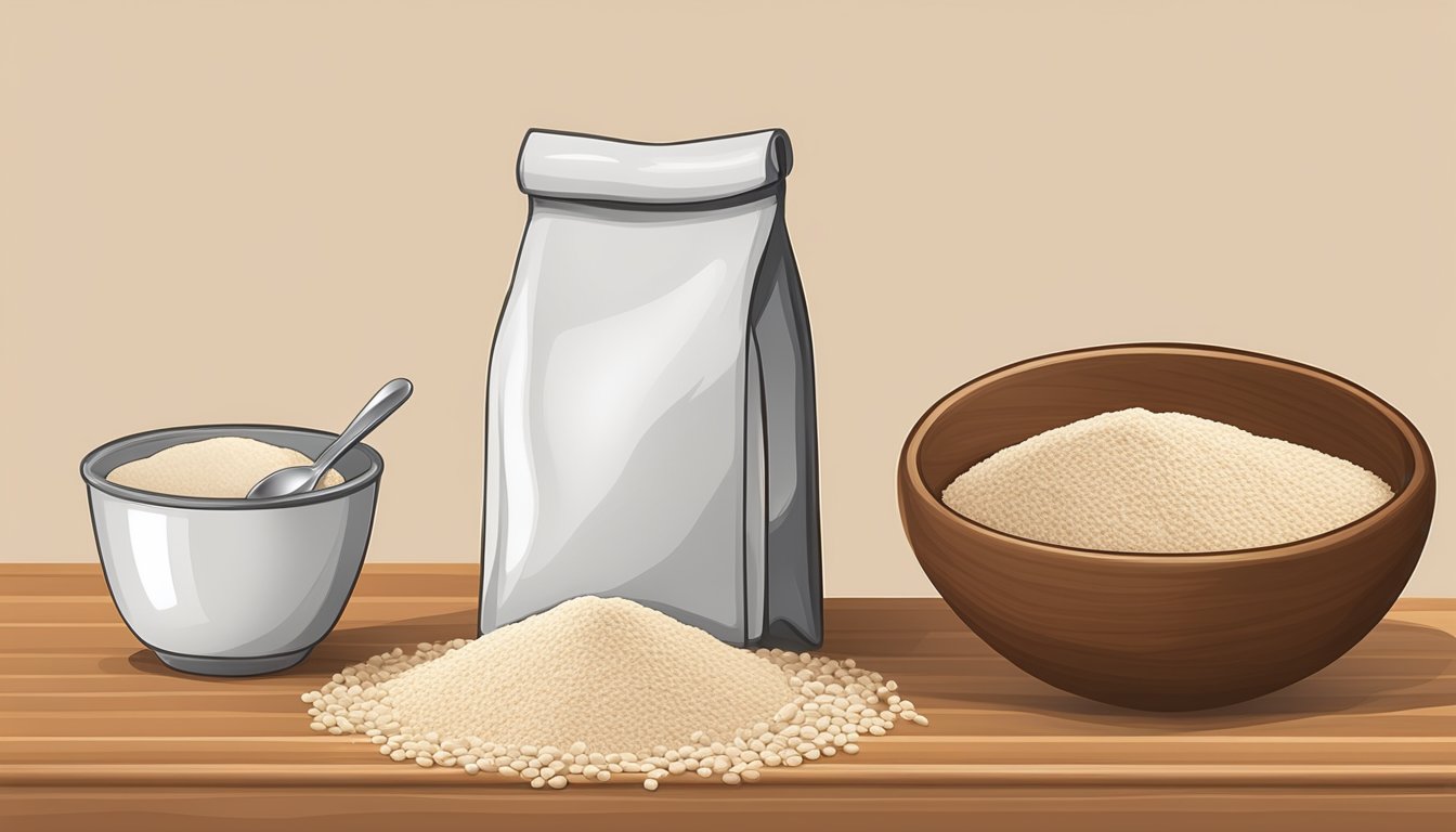 A bag of buckwheat flour next to a bag of whole wheat flour, with a measuring cup and spoon on a wooden cutting board