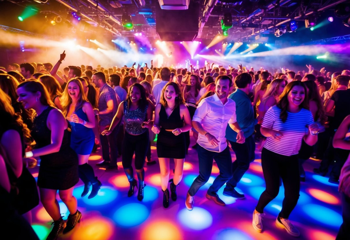 A crowded dance floor with colorful lights and pulsing music. People moving and grooving to the beat, smiling and having a great time