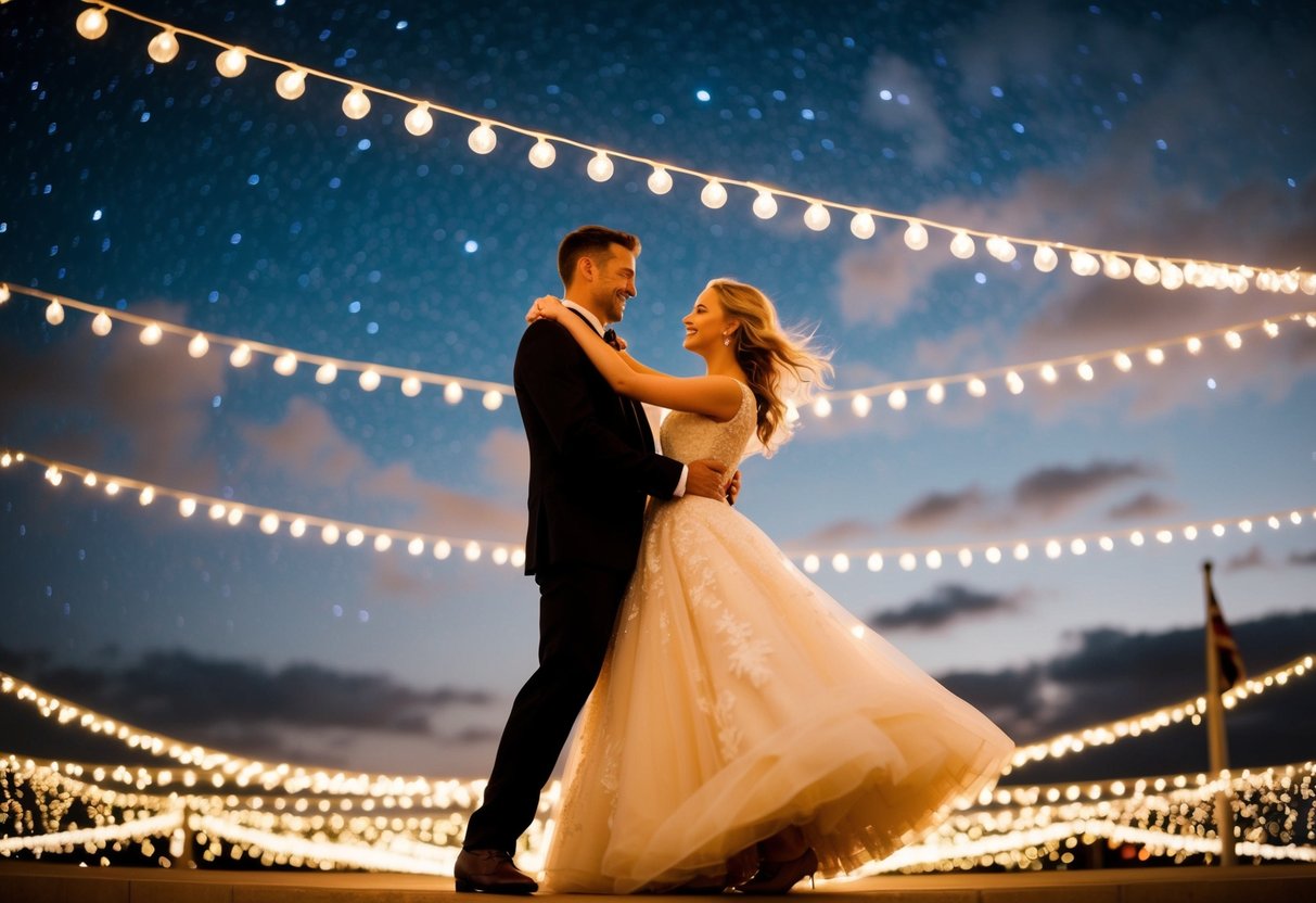 A couple dances under a starry sky, surrounded by twinkling lights and soft music