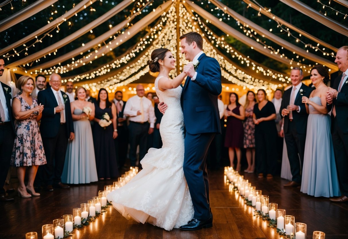 A couple dancing under a canopy of twinkling lights, surrounded by friends and family, with the soft glow of candles casting a warm ambiance
