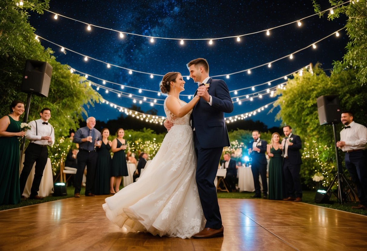 A couple dances under a starry sky, surrounded by twinkling lights and lush greenery, as music fills the air