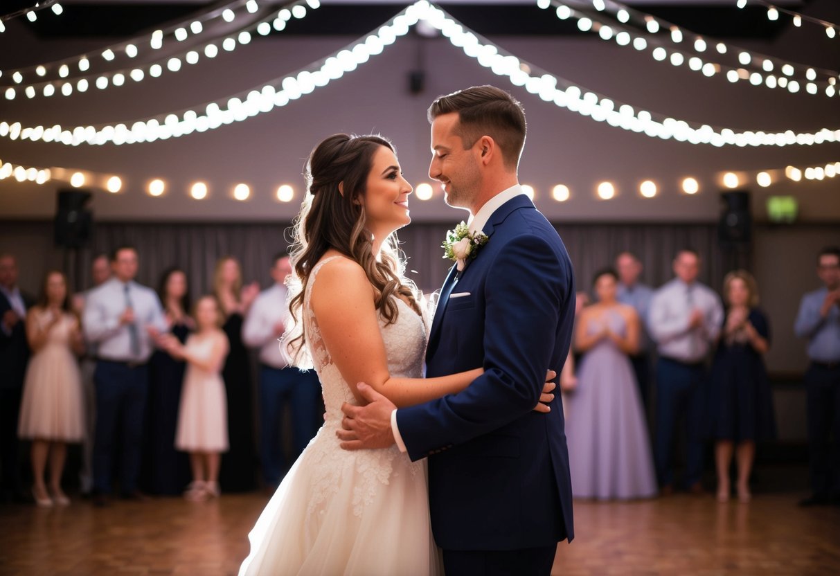 A couple stands in a dimly lit room, surrounded by twinkling lights and a dance floor. They gaze into each other's eyes, ready to share their first dance