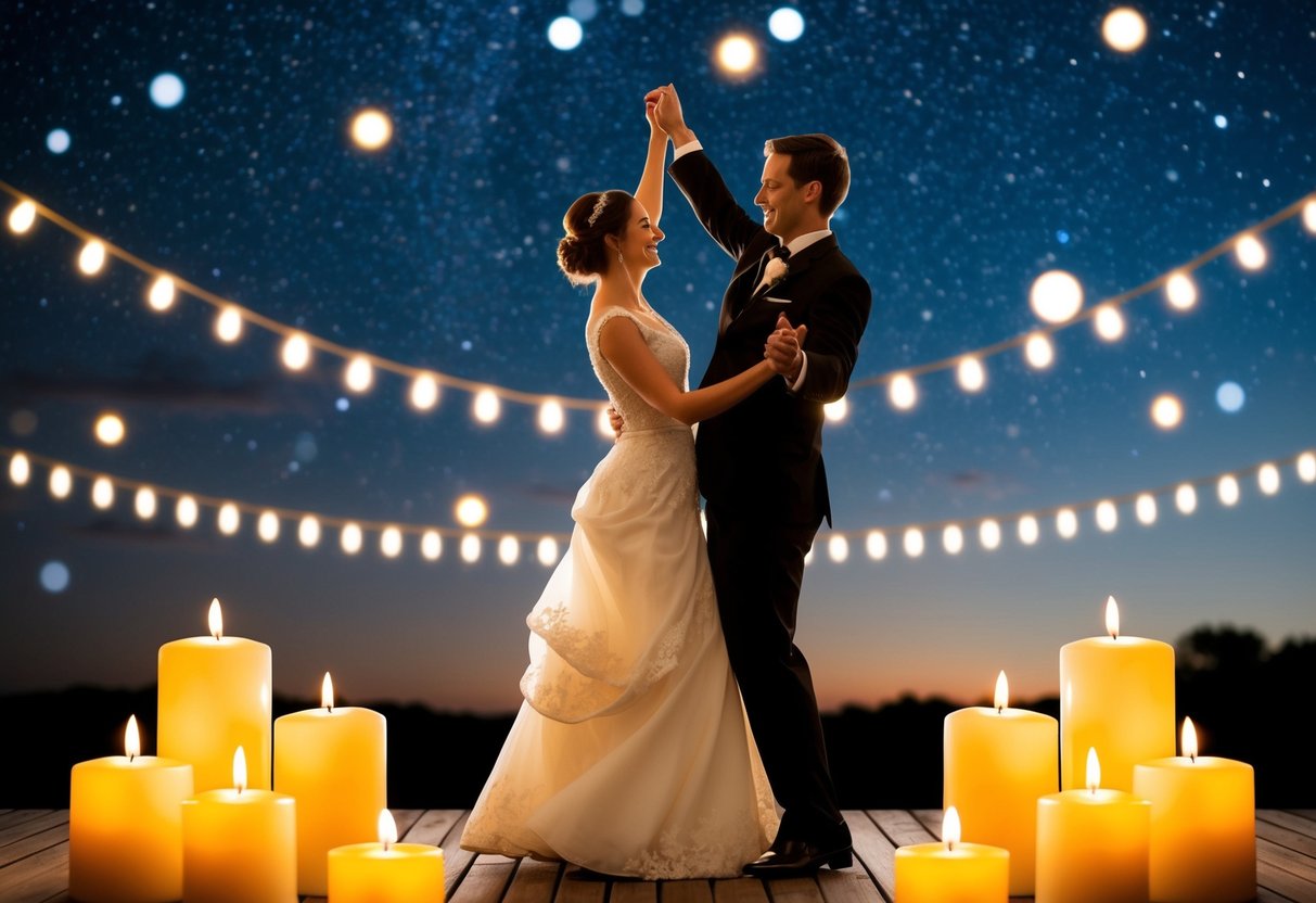 A couple dancing under a starry night sky, surrounded by twinkling lights and surrounded by the warm glow of candles