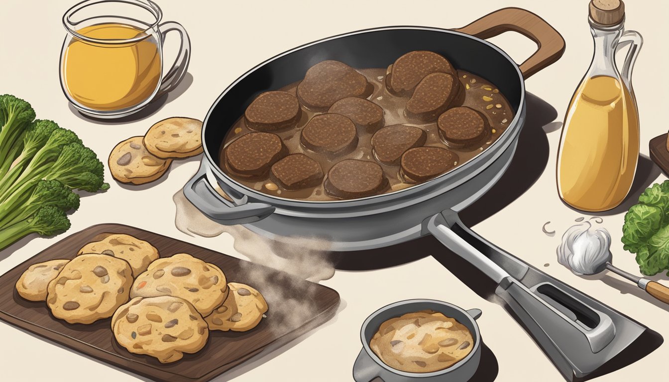 A sizzling pan of brown butter being poured into a bowl of cookie dough, a pot of steaming vegetables, and a skillet of sizzling steak