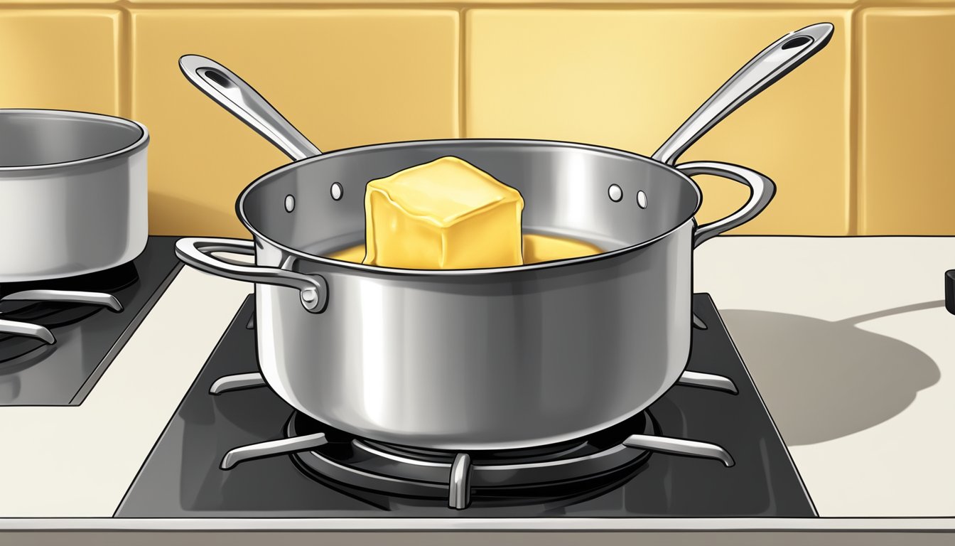 A stick of regular butter melting and turning golden brown in a saucepan on a stovetop