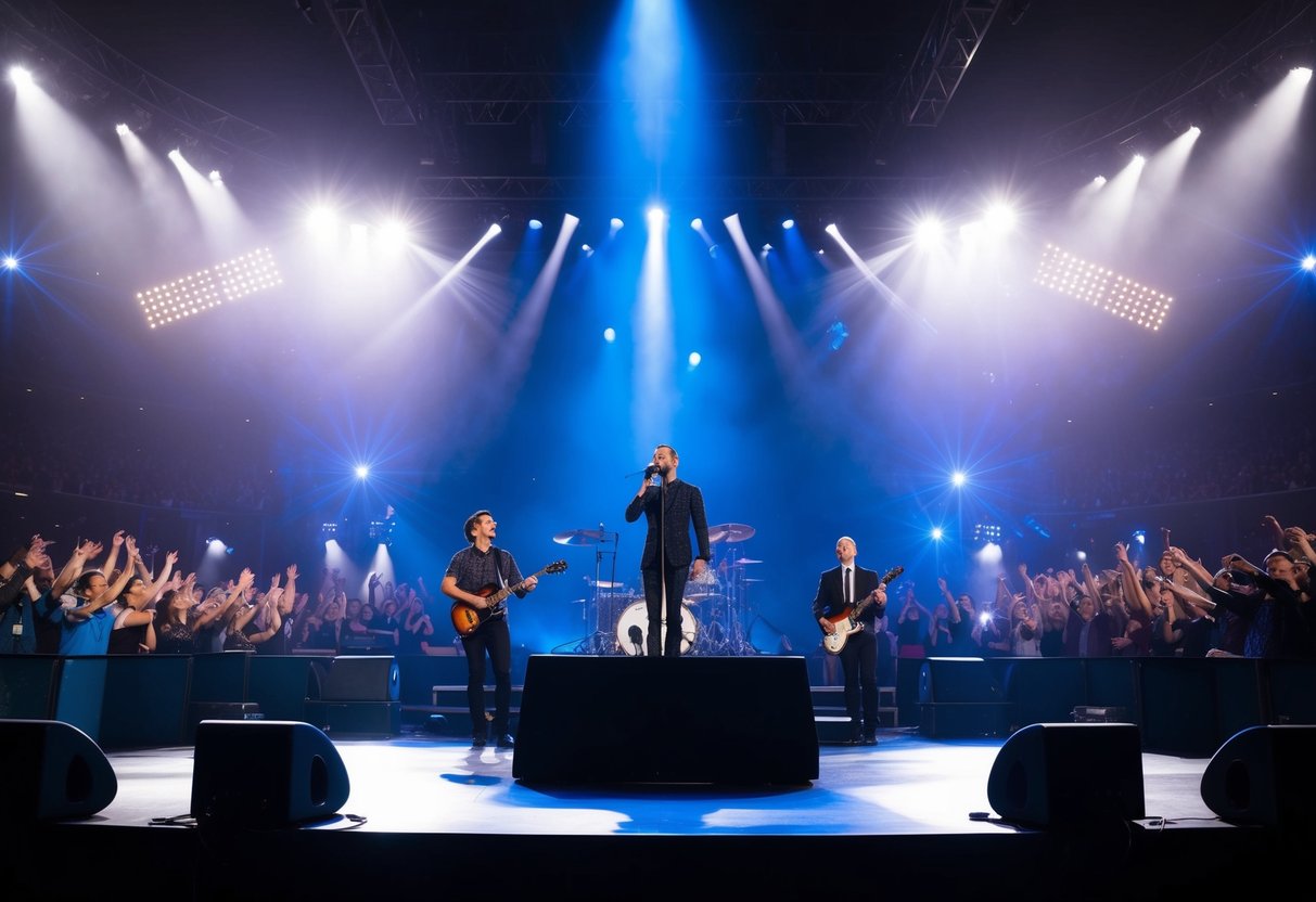 A spotlight shines on a grand stage with a microphone and instruments, surrounded by cheering fans and flashing lights
