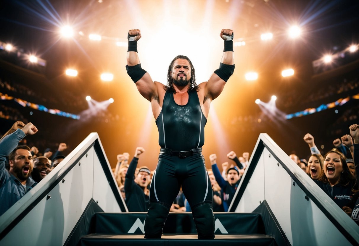 A wrestler standing in the spotlight at the entrance ramp, raising their arms as the crowd roars, with music blaring in the background