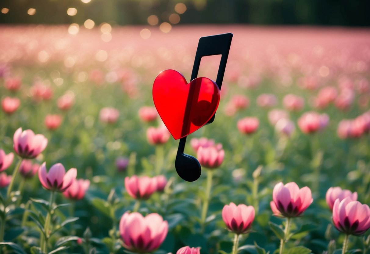 A heart-shaped music note floating above a field of blooming flowers