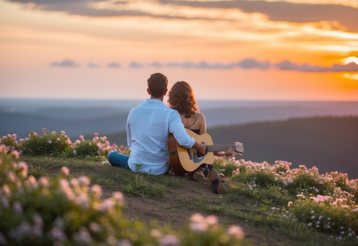 A couple sits on a hill at sunset, surrounded by blooming flowers, as the sound of a guitar fills the air