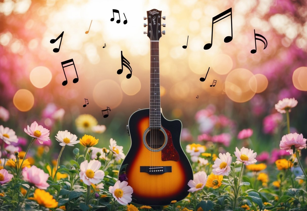 A guitar surrounded by blooming flowers, with musical notes floating in the air