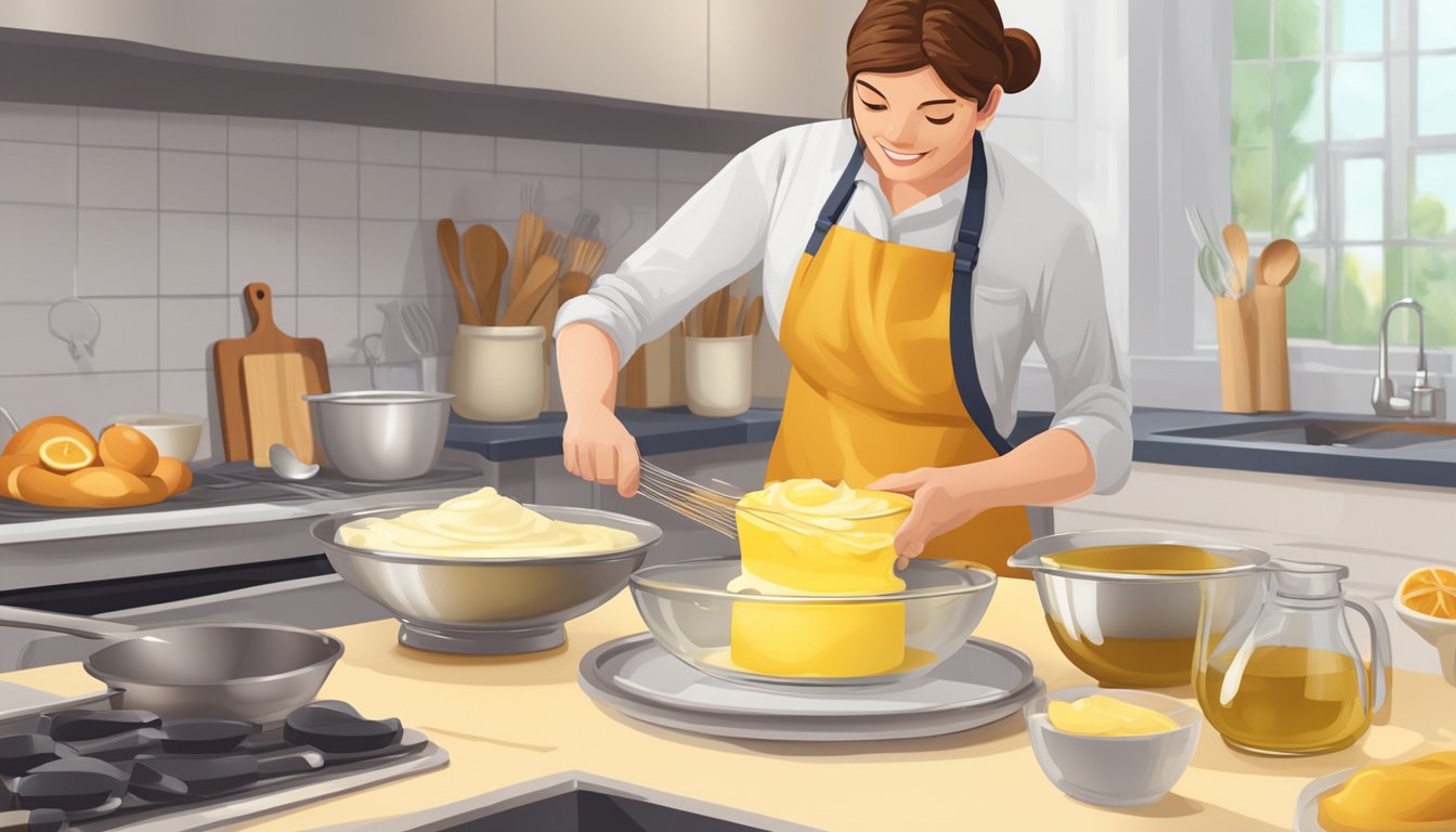 A baker pours melted butter into a mixing bowl, replacing oil in a cake recipe. Ingredients and utensils are neatly arranged on the countertop