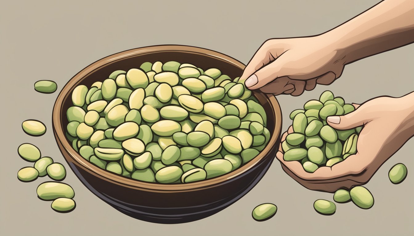 A bowl of butter beans and lima beans side by side, with a hand reaching for the butter beans