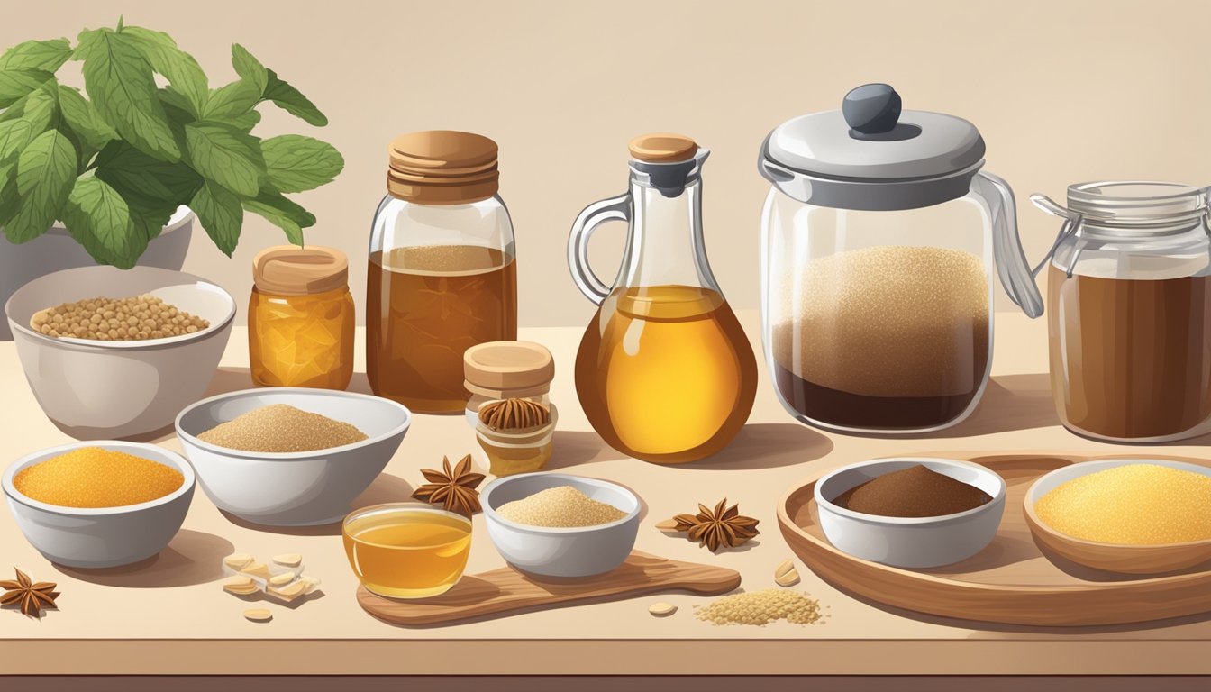 A kitchen counter with various non-sugar alternatives such as honey, maple syrup, and stevia, alongside a bowl of brown sugar. Ingredients for a recipe are scattered around