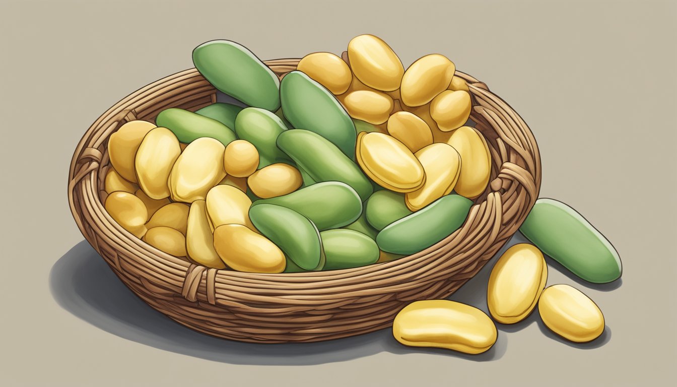 A colorful array of butter beans arranged in a basket, with a few lima beans sprinkled among them