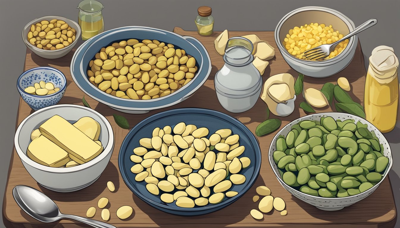 A kitchen counter with a bowl of butter beans next to a bowl of lima beans, surrounded by various cooking utensils and ingredients