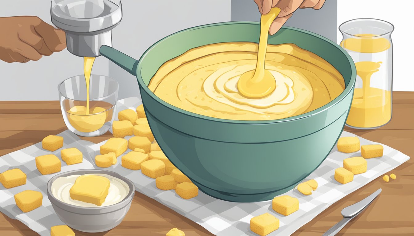 A hand pouring buttermilk into a mixing bowl of cornbread batter