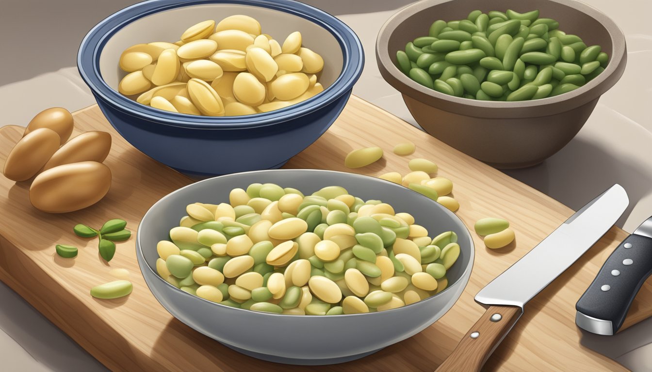 A bowl of butter beans placed next to a dish of lima beans, with a chef's knife and cutting board in the background