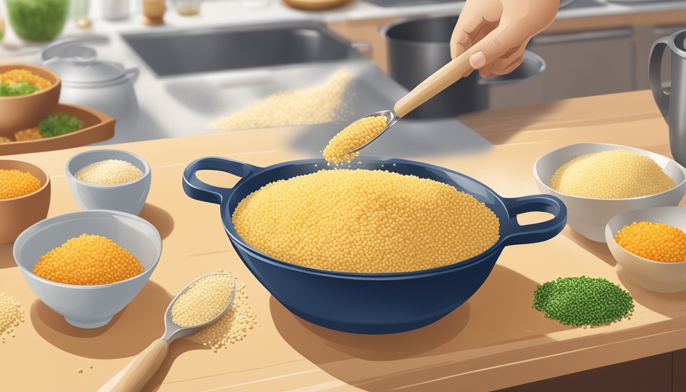 A chef pouring bulgur into a measuring cup, with a bowl of couscous in the background. Ingredients and cooking utensils scattered on a kitchen counter