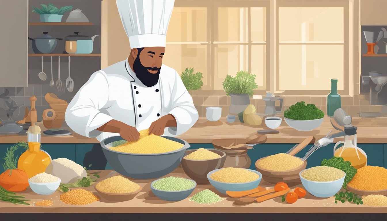 A chef swaps out a bowl of couscous for bulgur, surrounded by various ingredients and cooking utensils on a kitchen counter