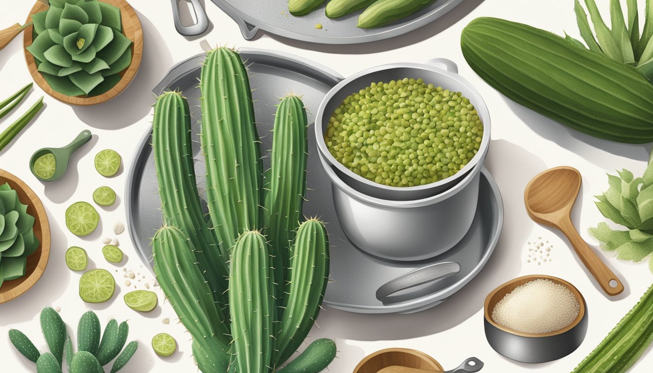 A kitchen counter with cactus pads and okra, surrounded by various cooking utensils and ingredients