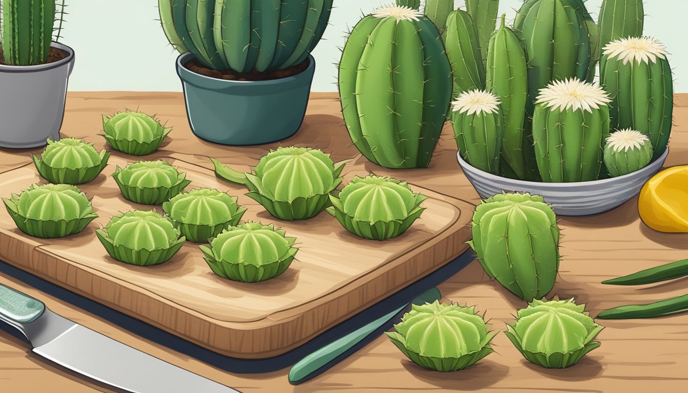 A cutting board with cactus pads and okra, a knife slicing the cactus pads to show their use as a substitute for okra in recipes