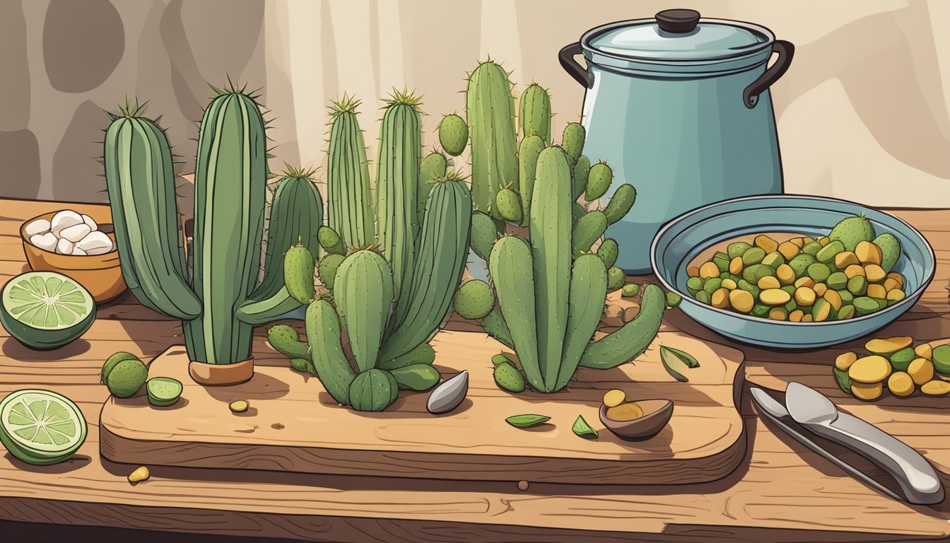 Cactus pads and okra arranged on a wooden cutting board, surrounded by various cooking ingredients and utensils, ready to be prepared for a recipe