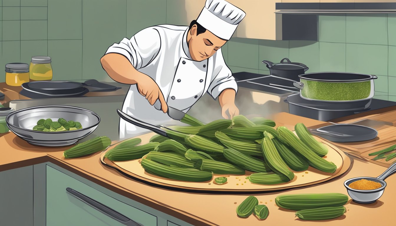 A chef slicing cactus pads into thin strips, then adding them to a sizzling pan of oil and spices to substitute for okra in a recipe