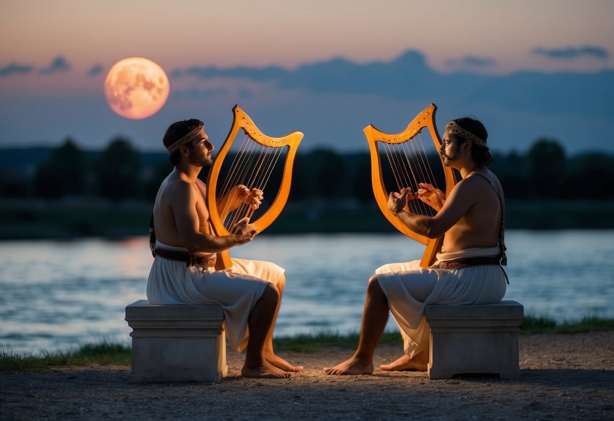 A couple of ancient musicians playing lyres by a moonlit river