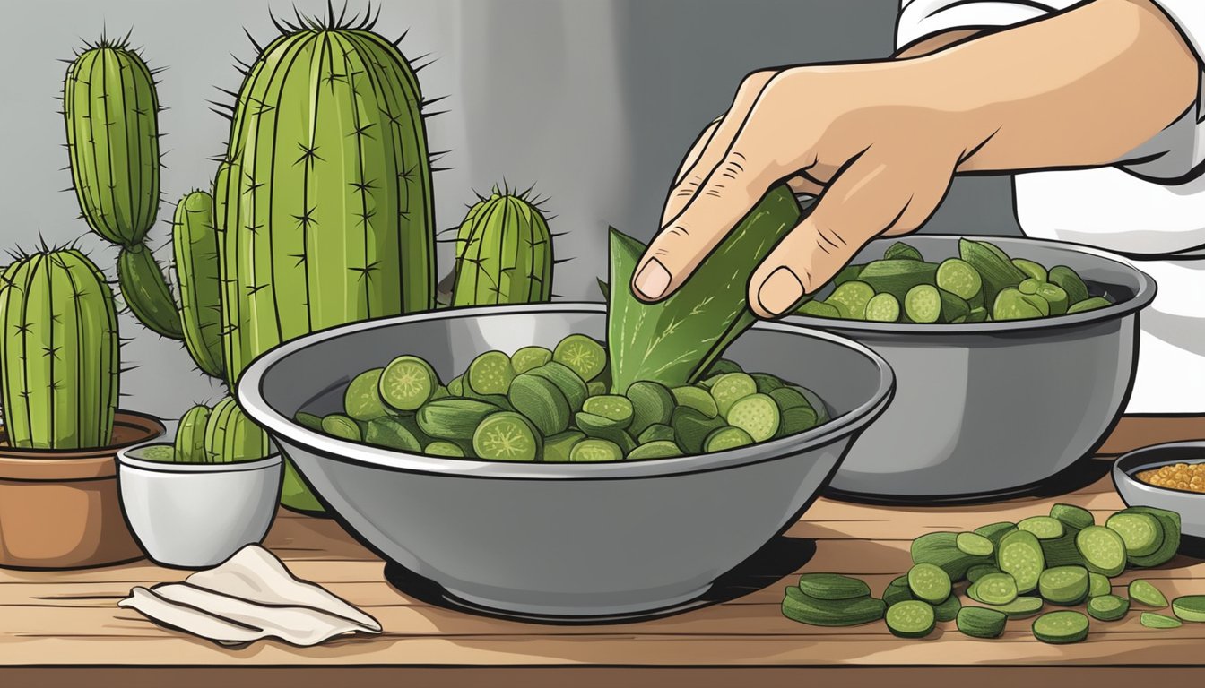 A chef chopping cactus pads and adding them to a pot of gumbo instead of okra