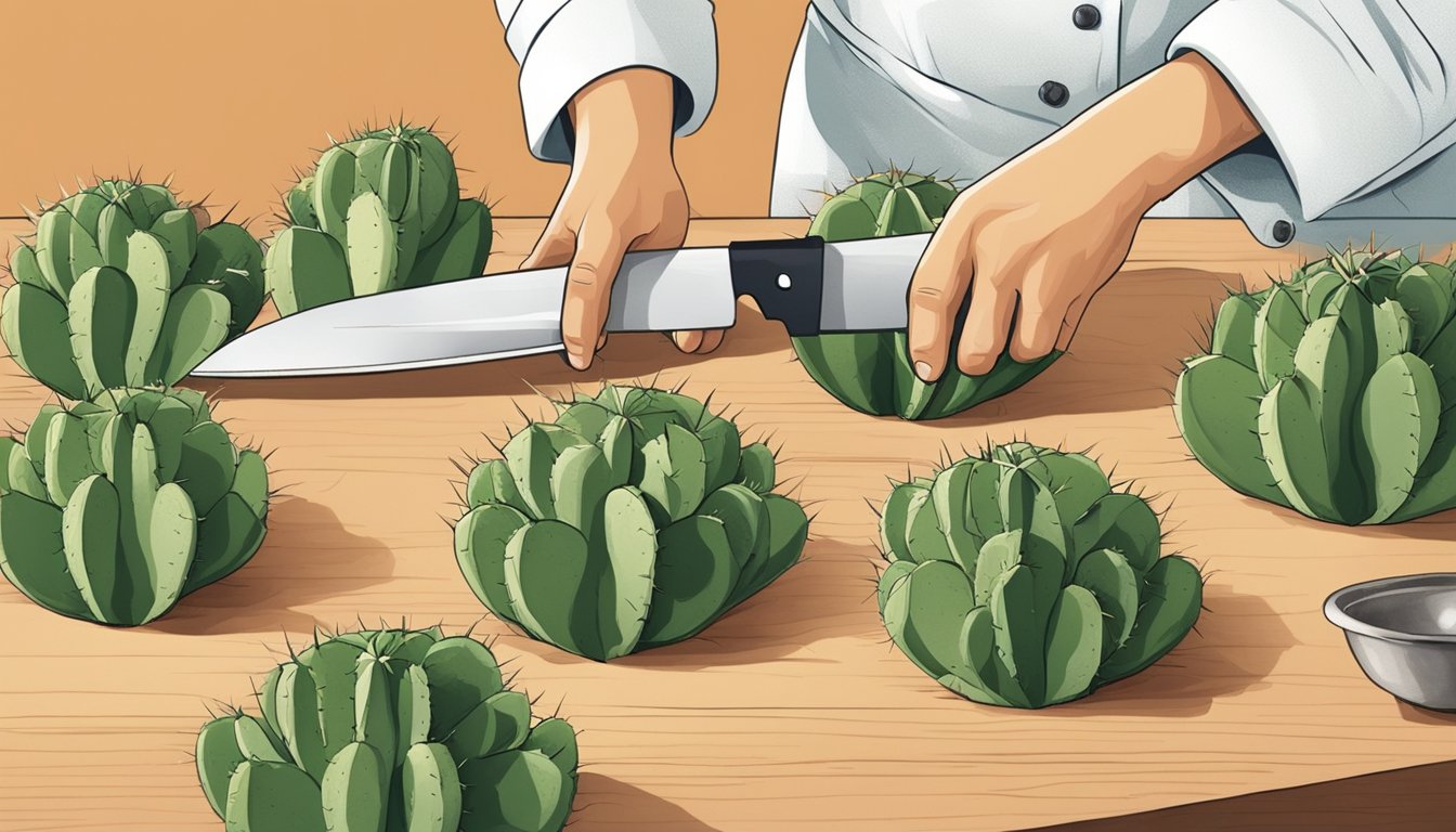 A kitchen counter with cactus pads and okra, a chef's knife slicing the cactus pads as a substitute for okra in a recipe