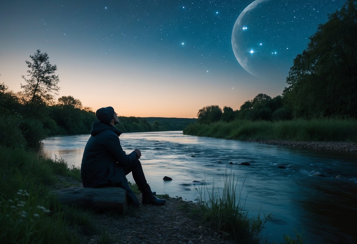 A figure sitting by a river, surrounded by nature, gazing at the stars and moon, with a sense of longing and yearning in the air