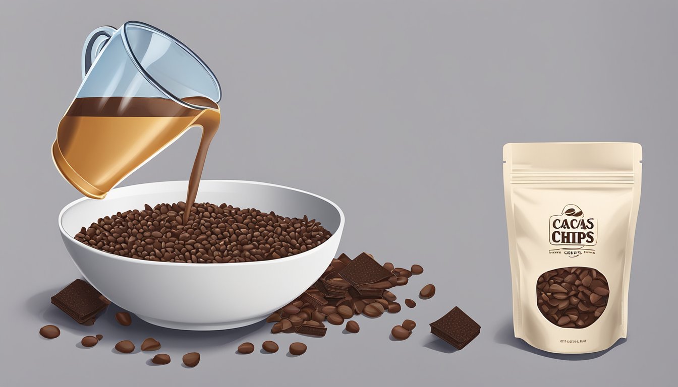 A bowl of cacao nibs being poured into a measuring cup, next to a bag of chocolate chips